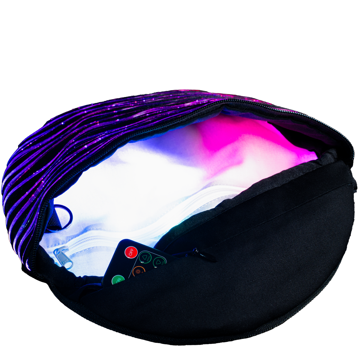 Open NEBULITE Wavy Fanny Pack 4 with illuminated main compartment, white lining and internal zip pocket.